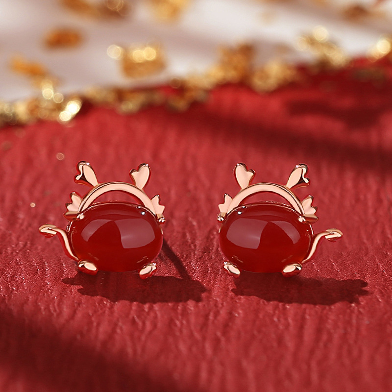 Zodiac Dragon Year Sterling Silver Red Agate Chinese Style Ear Dress