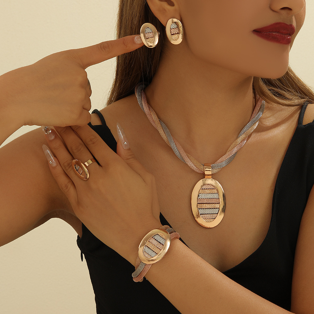 European and American handmade jewelry set three-color mesh chain necklace earring ring bracelet Middle East women's four-piece set